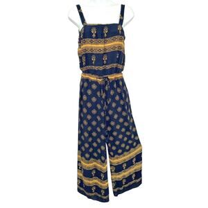 By Together Navy Gold Wide Loose Boho Cropped Leg Elastic Top Jumpsuit Size Med
